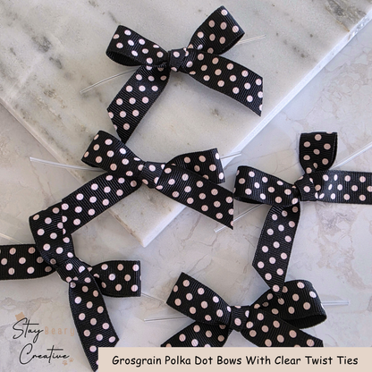 Black Grosgrain Polka Dot Bows With Clear Twist Ties - Pack of 25