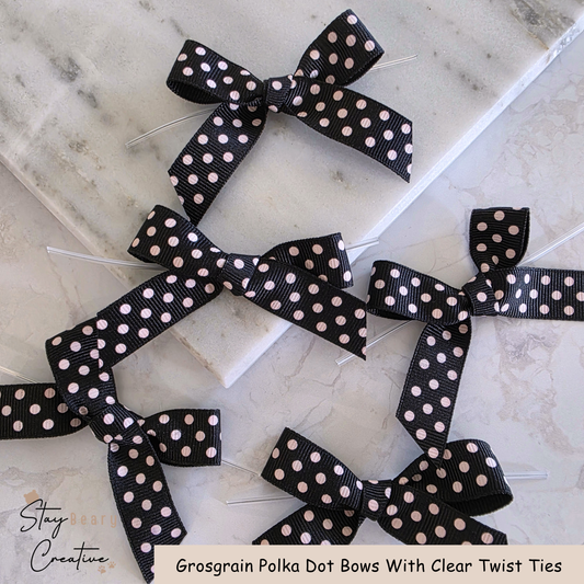 Black Grosgrain Polka Dot Bows With Clear Twist Ties - Pack of 25
