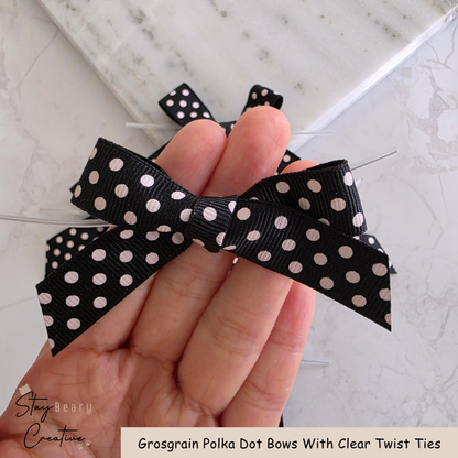 Black Grosgrain Polka Dot Bows With Clear Twist Ties - Pack of 25