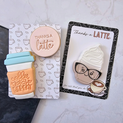 [Food Safe] Thanks A Latte - Coffee Pattern - Double Sided Designs - Vertical Cookie Cards - 25 Pack