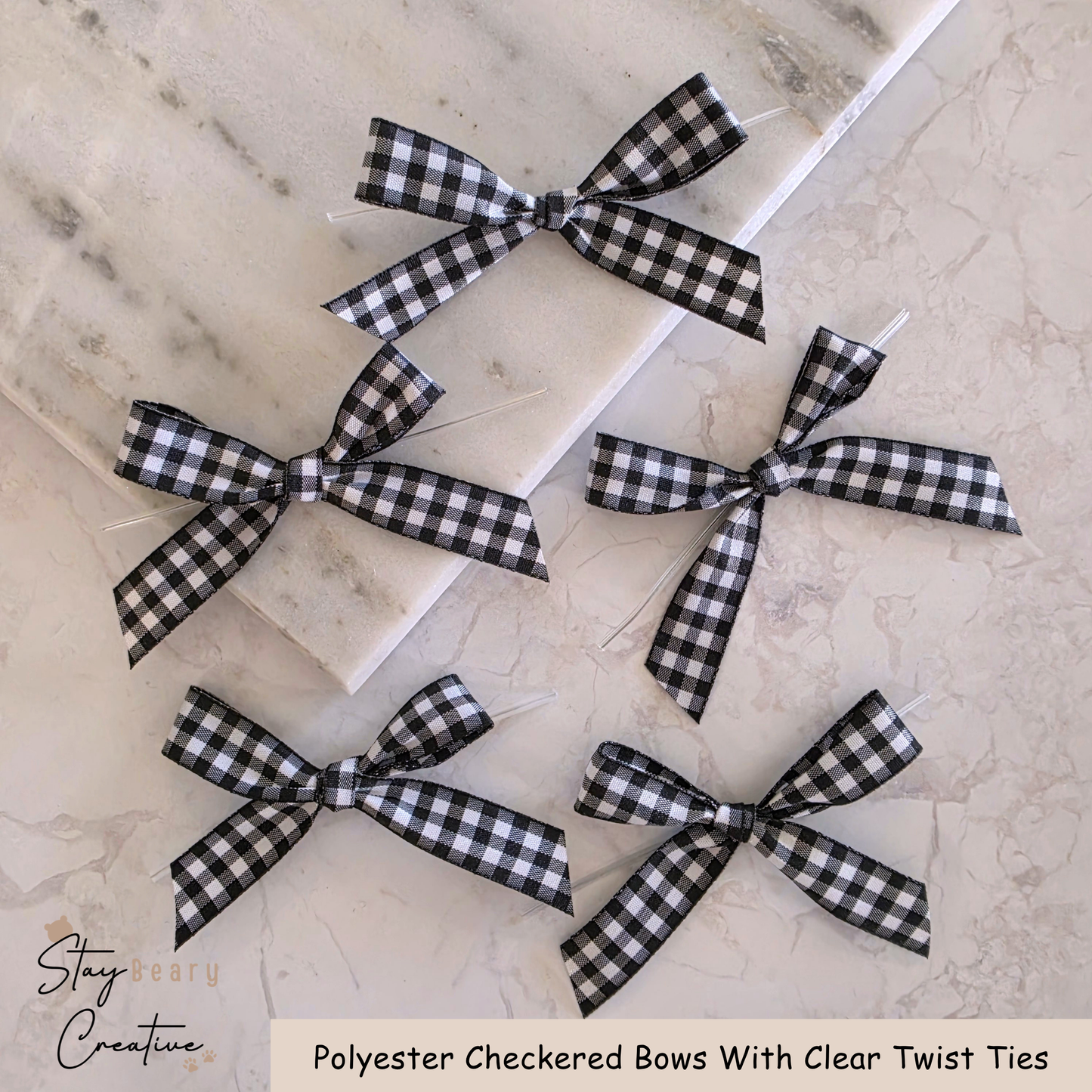 Black Polyester Checkered Bows With Clear Twist Ties - Pack of 25