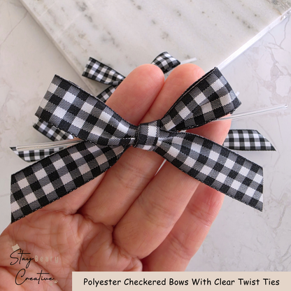 Black Polyester Checkered Bows With Clear Twist Ties - Pack of 25