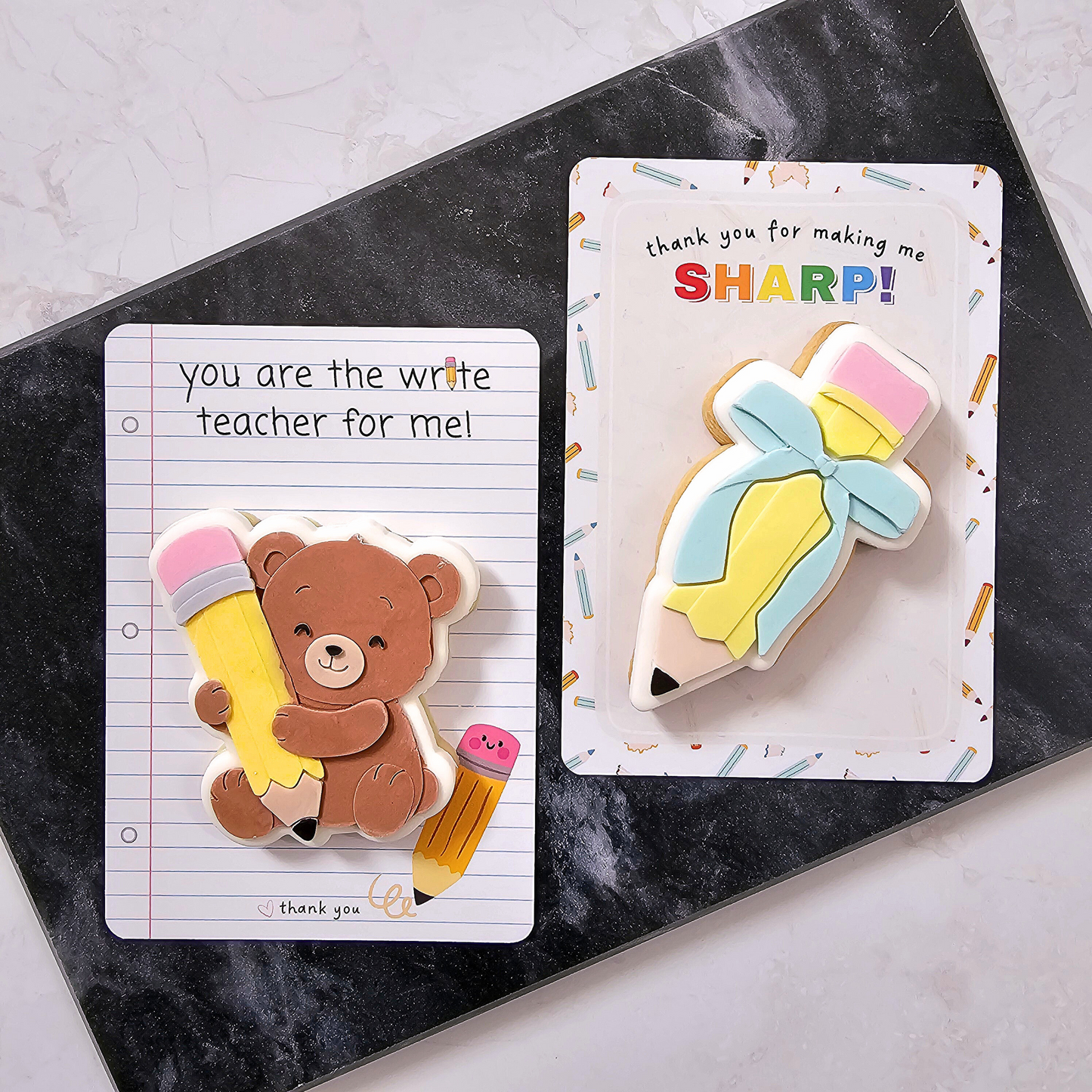 [Food Safe] You Are The Write Teacher For Me - Thank You For Making Me Sharp - Double Sided Designs - Vertical Cookie Cards - 25 Pack