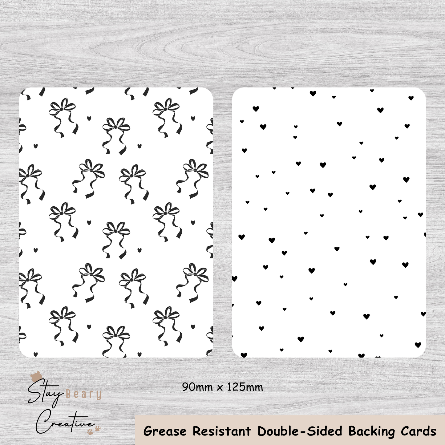 [Food Safe] Black and White Ribbon or Hearts- Double Sided Designs - Backing Cards - 25 Pack