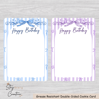 [Food Safe] Happy Birthday Blue and Purple Bows - Double Sided Designs - Vertical Cookie Cards - 25 Pack