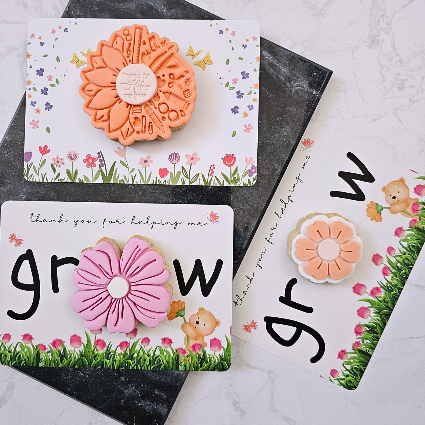[Food Safe] Thank You For Helping Me Grow - Flower Background- Double Sided Designs - Horizontal Cookie Cards - 25 Pack
