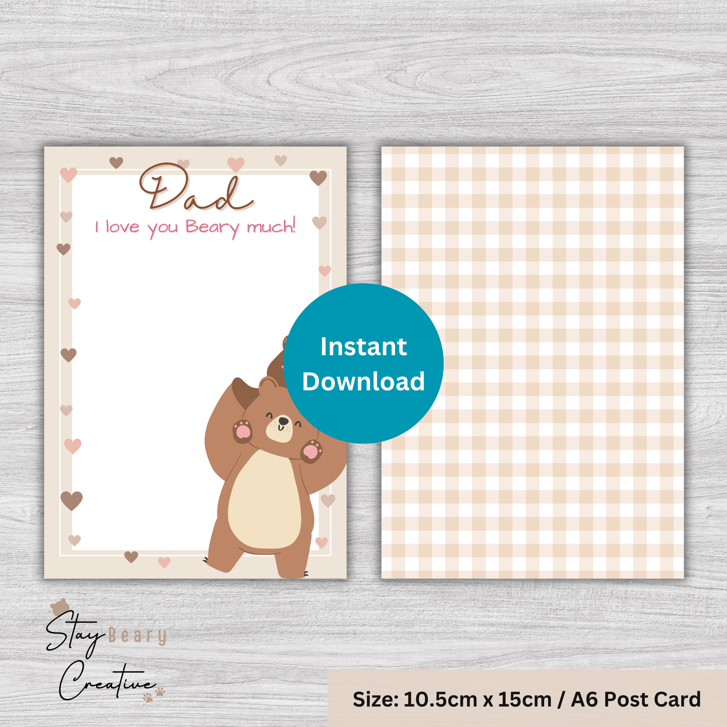 [DIGITAL] Father's Day - Dad I Love You Beary Much - Gingham Pattern - Cookie Cards - 10.5cm x 15cm - A6/Post Card