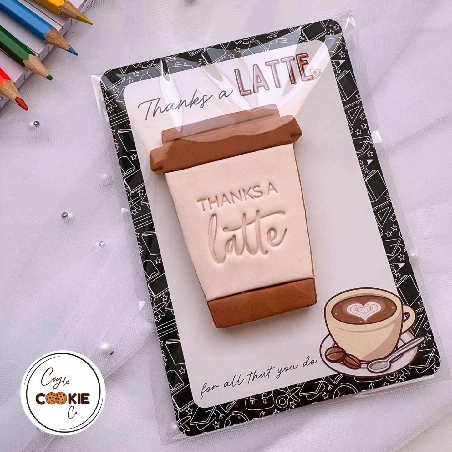 [Food Safe] Thanks A Latte - Coffee - Double Sided Designs - Vertical Cookie Cards - 25 Pack