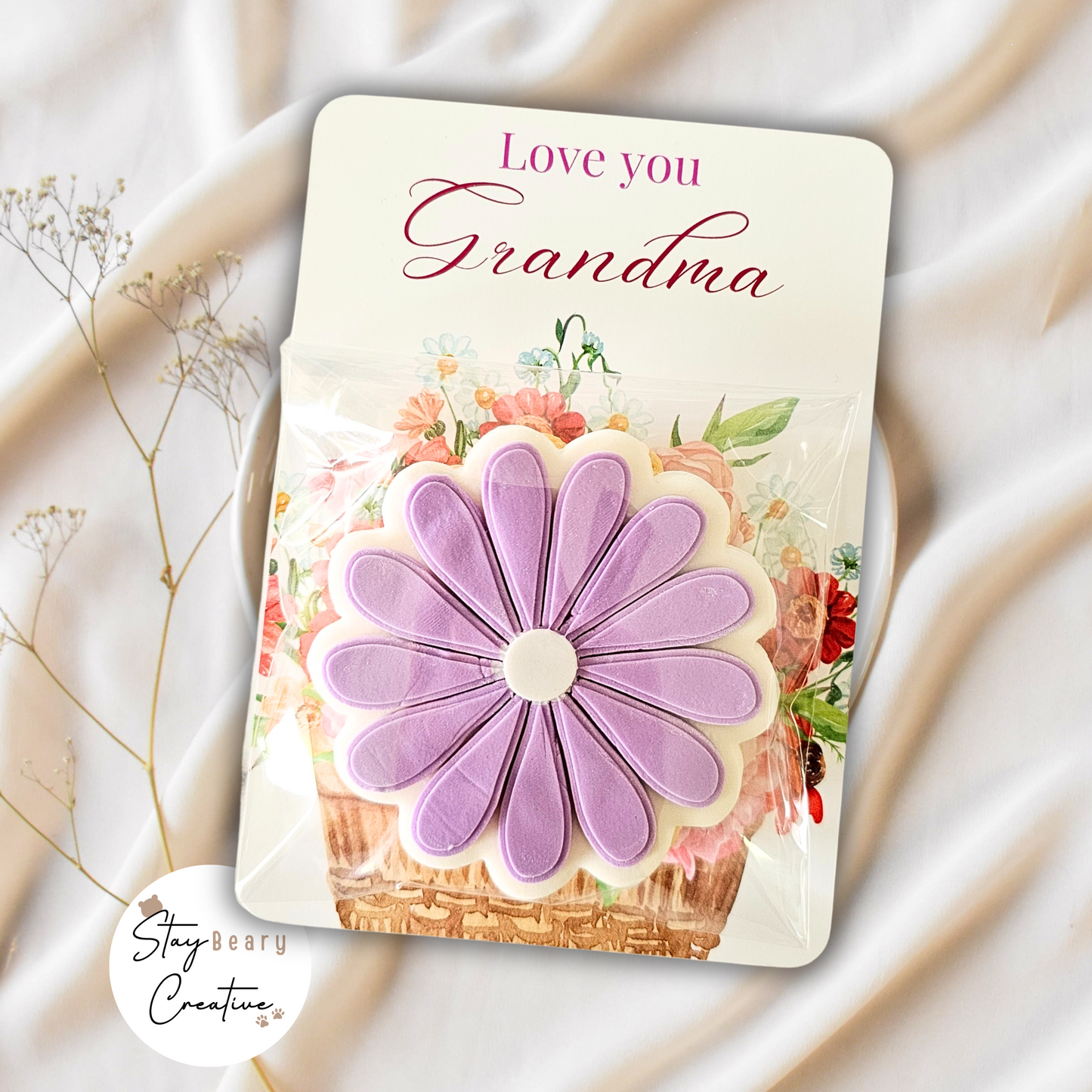 [NOT Food Safe] Flower Bouquet & Love You Grandma - Double Sided Designs - Cookie Cards - 25 Pack