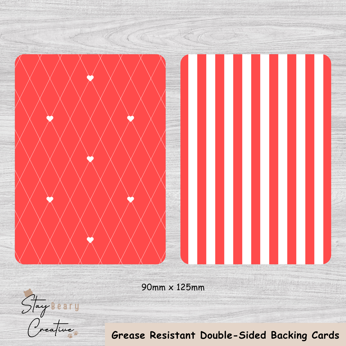 [Food Safe] Red Diamond Hearts and Stripe - Double Sided Designs - Backing Cards - 25 Pack