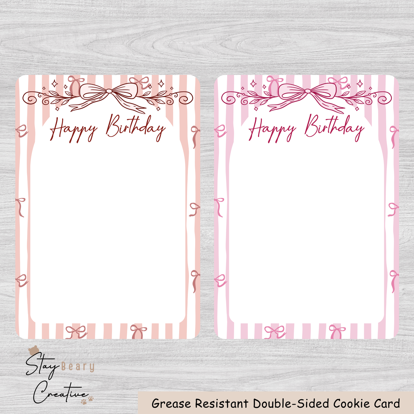 [Food Safe] Happy Birthday Light Red and Pink Bows - Double Sided Designs - Vertical Cookie Cards - 25 Pack