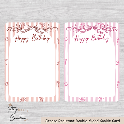 [Food Safe] Happy Birthday Light Red and Pink Bows - Double Sided Designs - Vertical Cookie Cards - 25 Pack