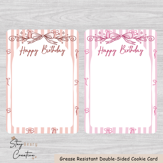[Food Safe] Happy Birthday Light Red and Pink Bows - Double Sided Designs - Vertical Cookie Cards - 25 Pack
