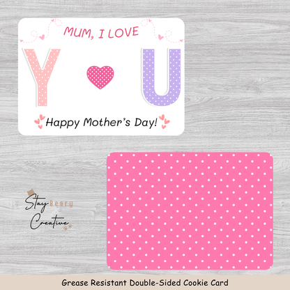 [Food Safe] Mum, I Love YOU - Pink Dot Pattern - Double Sided Designs - Horizontal Cookie Cards - 25 Pack