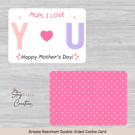 [Food Safe] Mum, I Love YOU - Pink Dot Pattern - Double Sided Designs - Horizontal Cookie Cards - 25 Pack