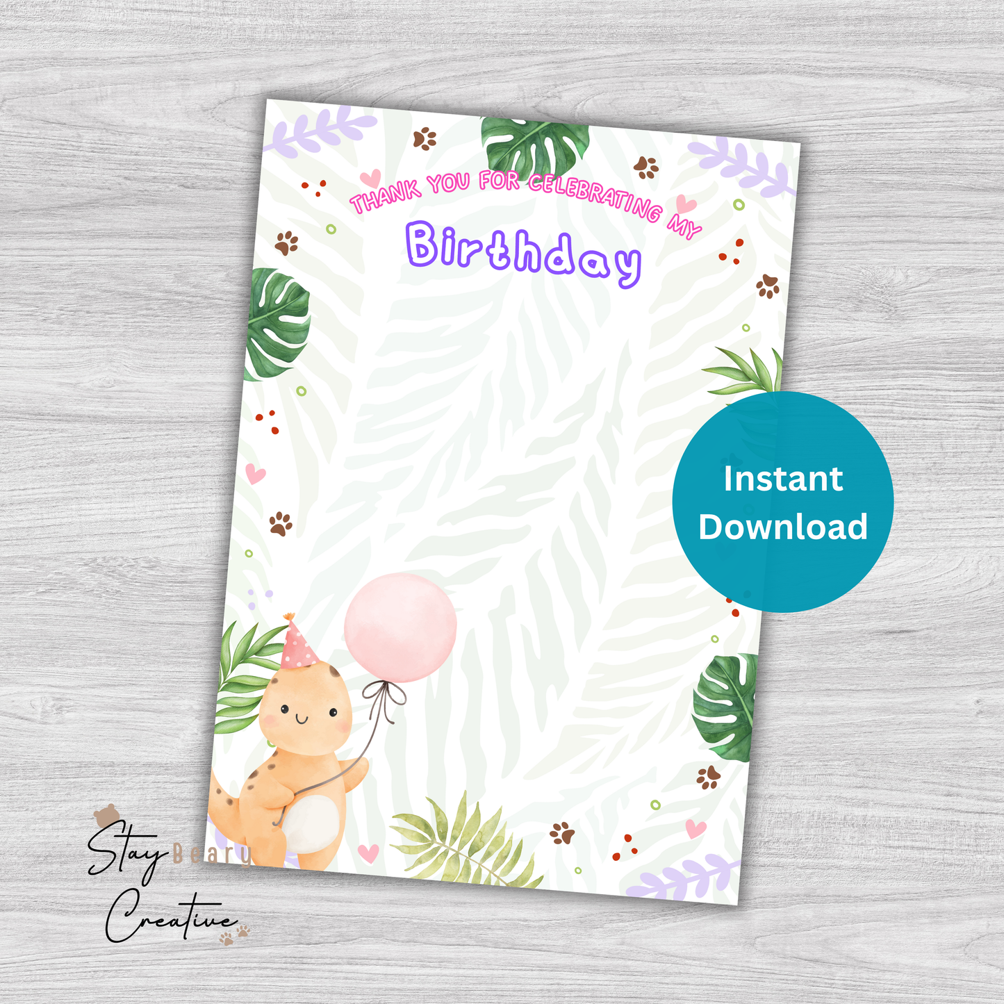 [DIGITAL] Pink Dinosaur - Roar - Happy Birthday - Thank You - Cookie Cards - 10.5cm x 15cm / A6 Post Card