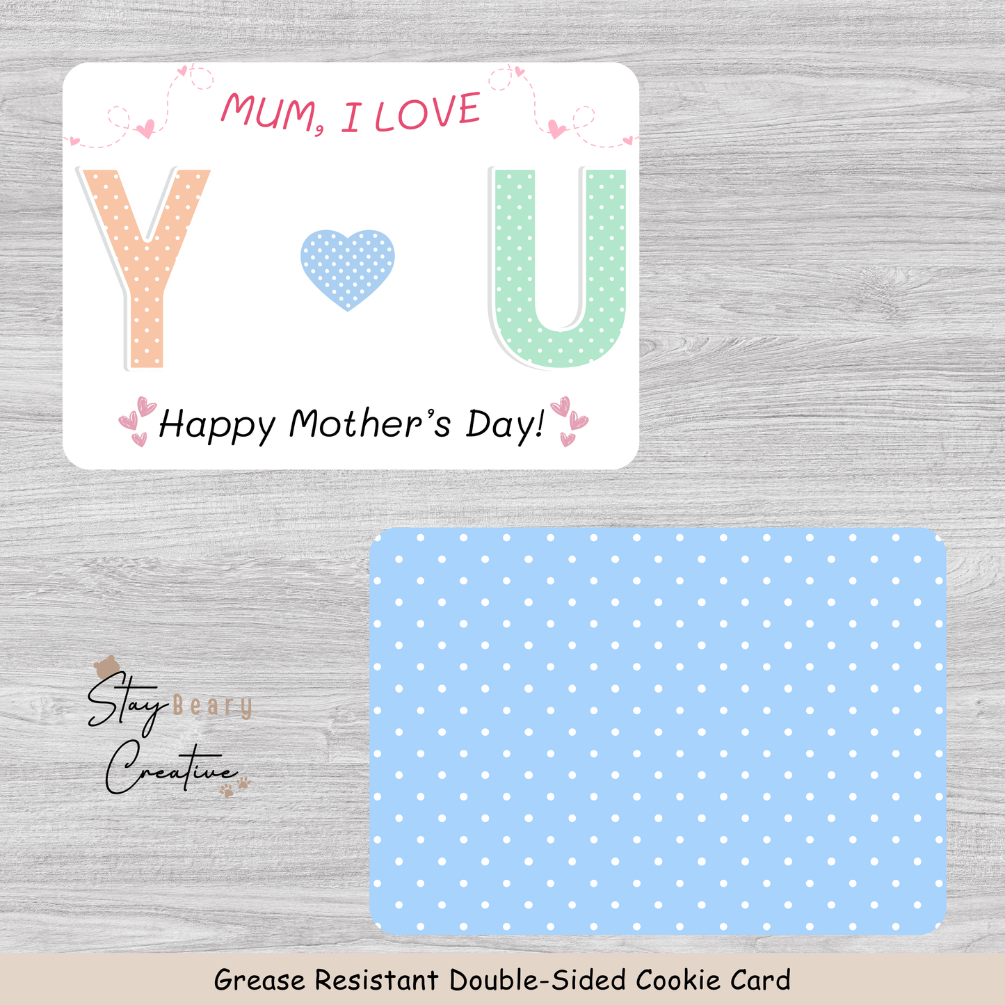 [Food Safe] Mum, I Love YOU - Blue Dot Pattern - Double Sided Designs - Horizontal Cookie Cards - 25 Pack