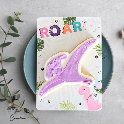 [Food Safe] Pink Dinosaur - Roar - Thank You - Double Sided Designs - Vertical Cookie Cards - 25 Pack