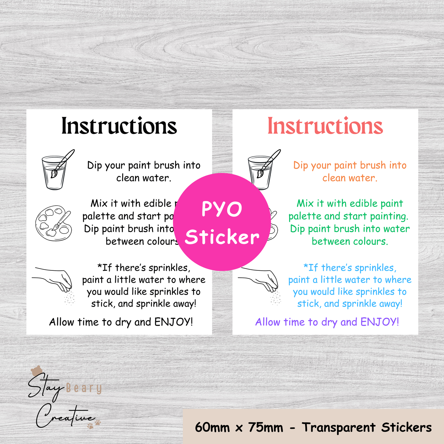 [Food Safe] Paint Your Own + PYO Instruction Stickers - Double Sided Designs - Vertical Cookie Cards - 25 Pack