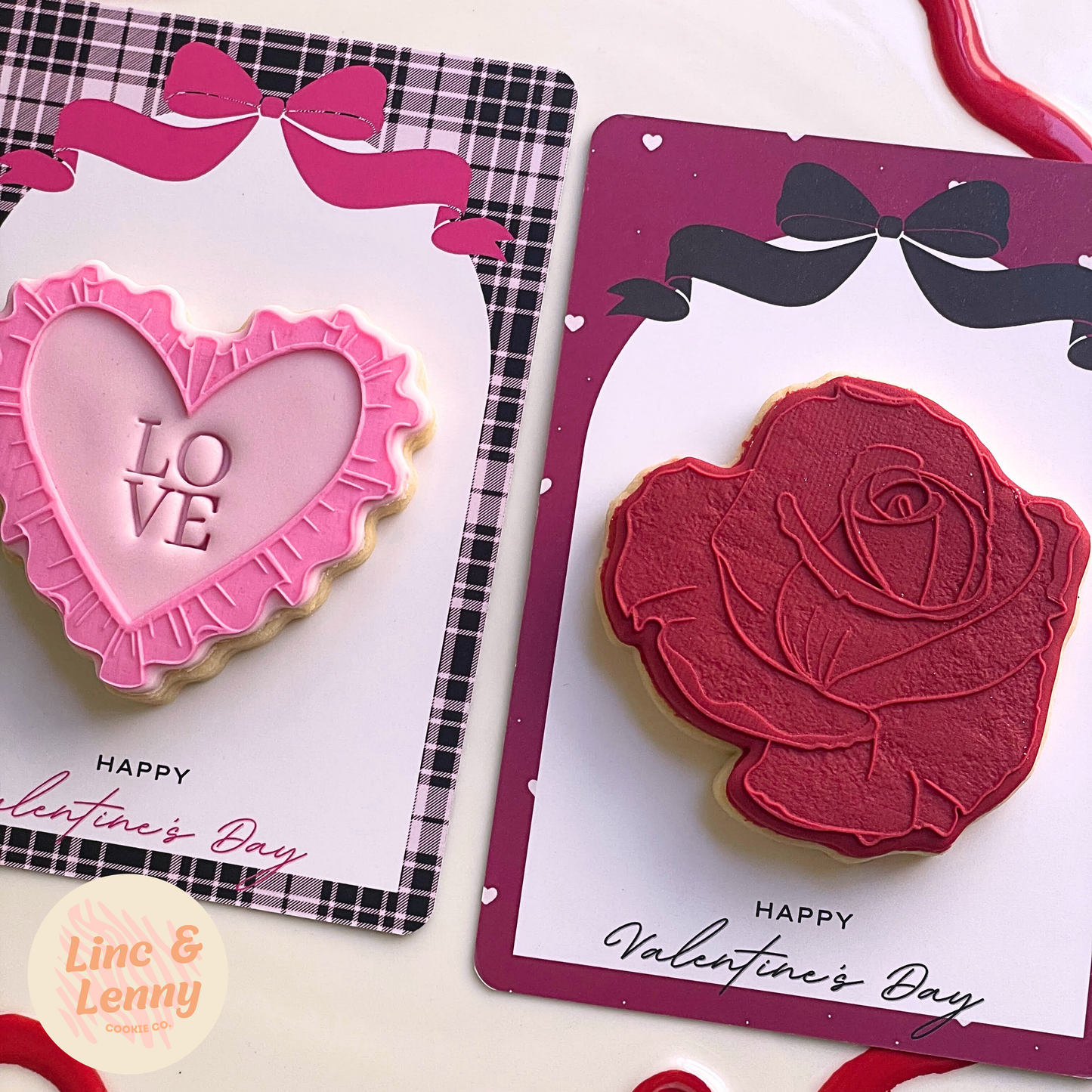 [Food Safe] Happy Valentine's Day - Hearts and Dots - Double Sided Designs - Vertical Cookie Cards - 25 Pack