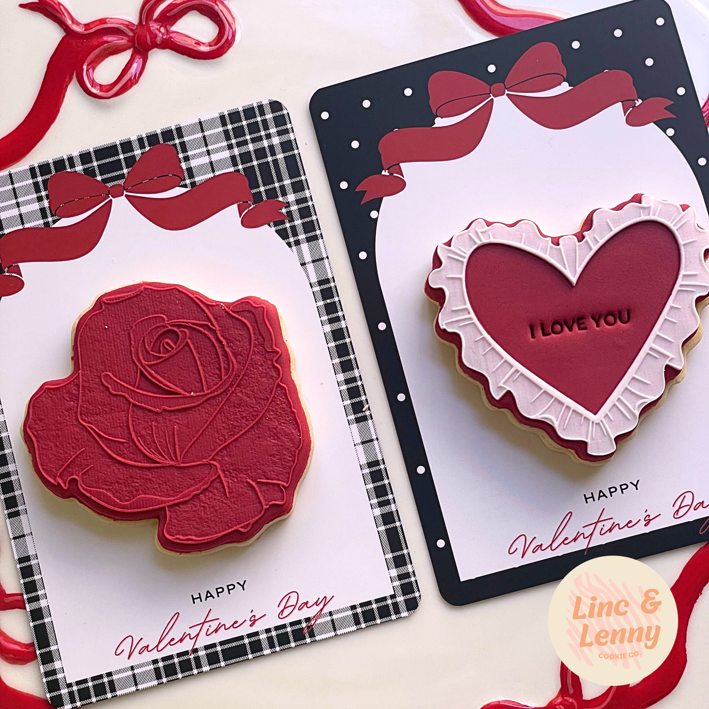 [Food Safe] Happy Valentine's Day - Hearts and Dots - Double Sided Designs - Vertical Cookie Cards - 25 Pack
