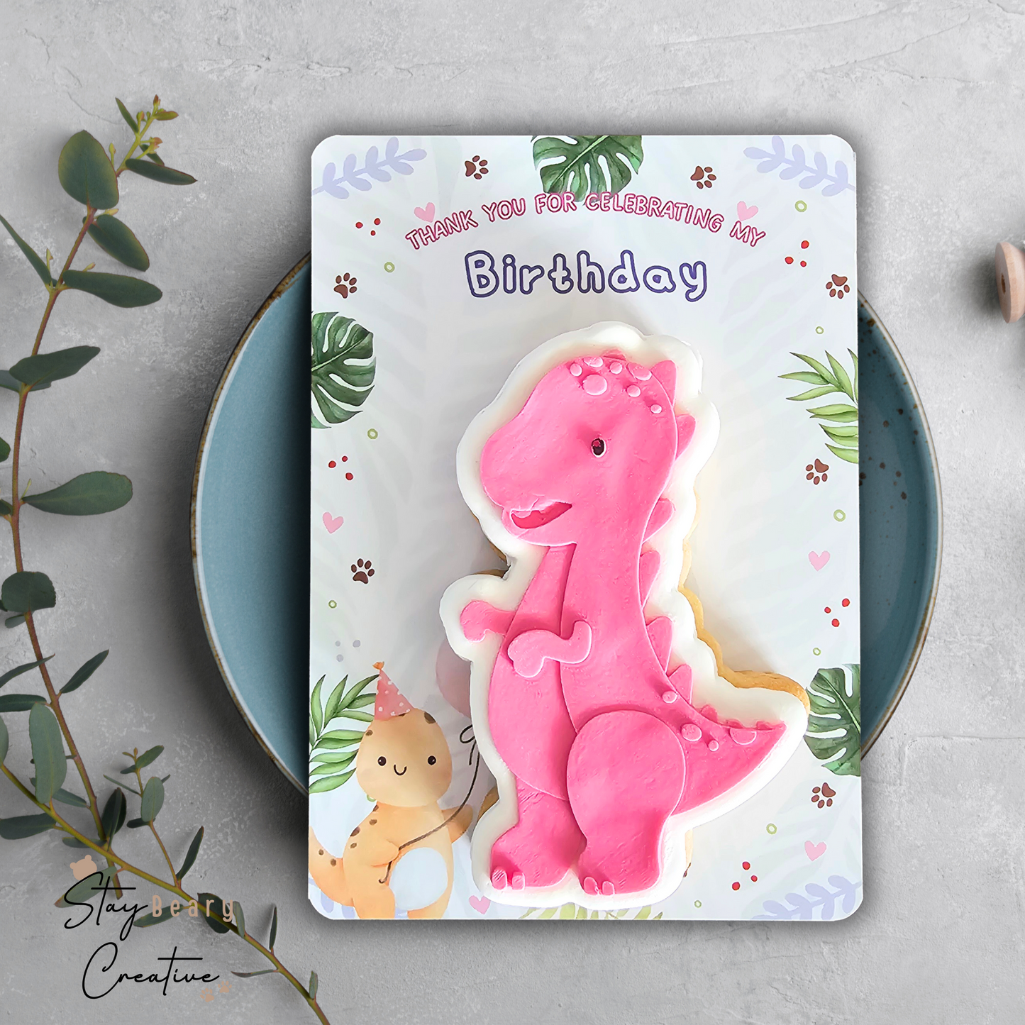 [Food Safe] Pink Dinosaur - Roar - Thank You - Double Sided Designs - Vertical Cookie Cards - 25 Pack