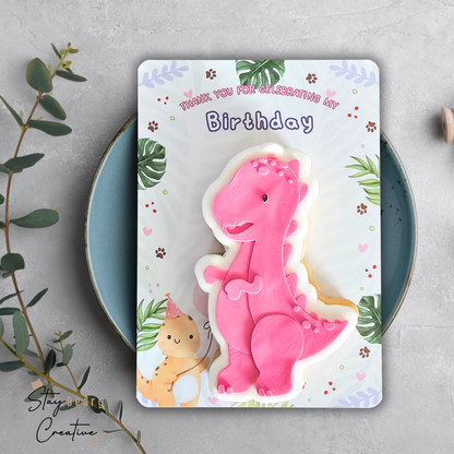 [Food Safe] Pink Dinosaur - Roar - Thank You - Double Sided Designs - Vertical Cookie Cards - 25 Pack