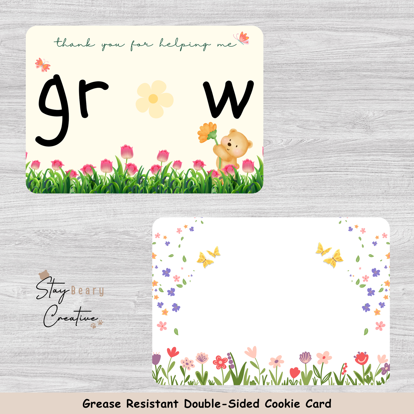 [Food Safe] Thank You For Helping Me Grow - Flower Background- Double Sided Designs - Horizontal Cookie Cards - 25 Pack