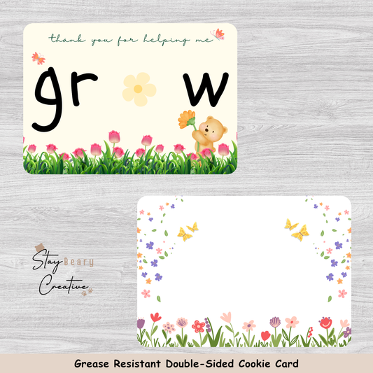 [Food Safe] Thank You For Helping Me Grow - Flower Background- Double Sided Designs - Horizontal Cookie Cards - 25 Pack