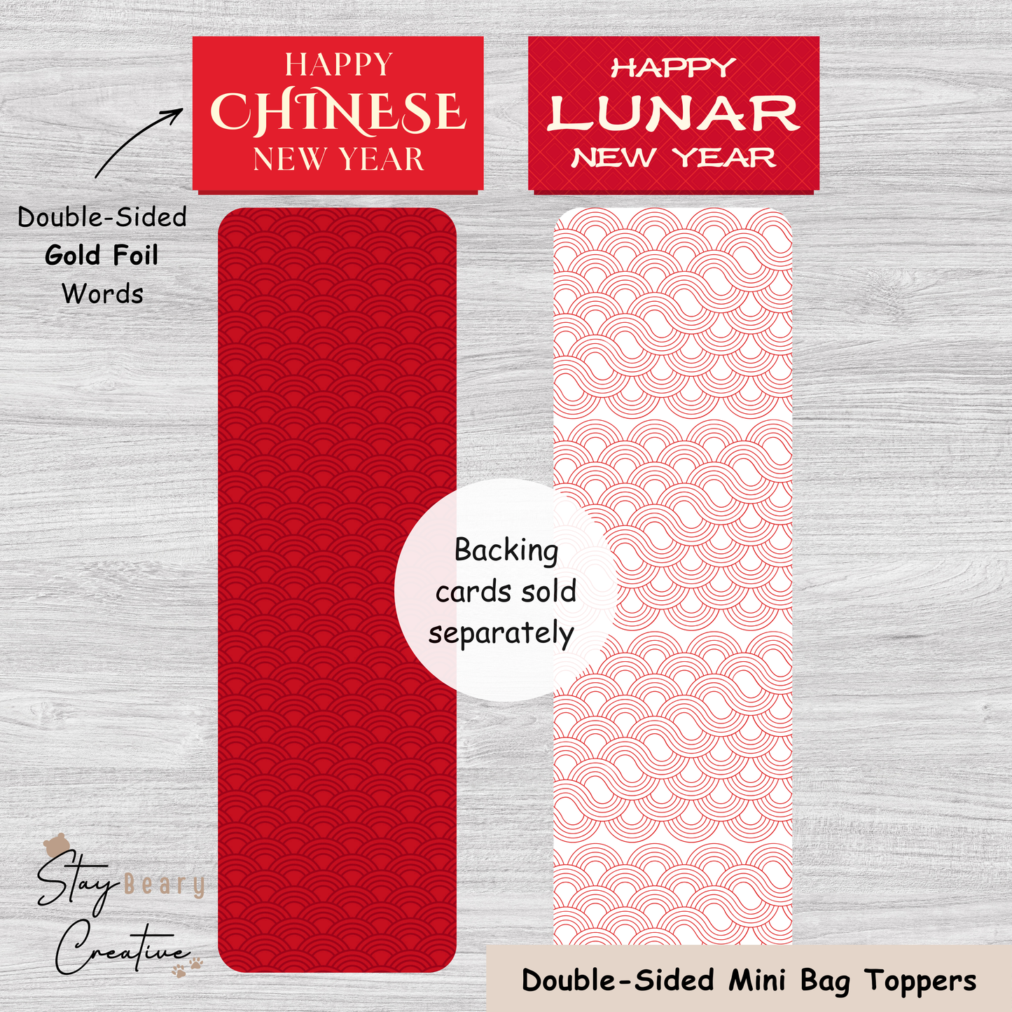 [Gold Foil] Happy Chinese New Year - Happy Lunar New Year - Double Sided Designs - Mini Bag Toppers - 25 Pack