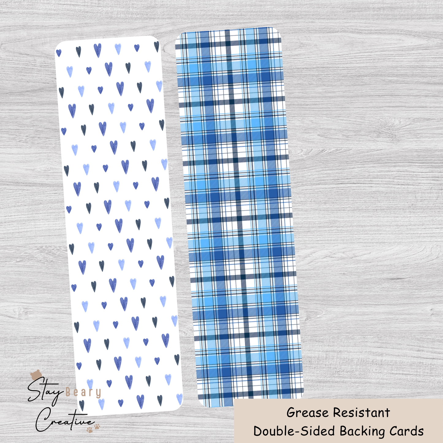 [Food Safe] Blue Hearts And Tartan Pattern - Long Backing Cards - 25 Pack