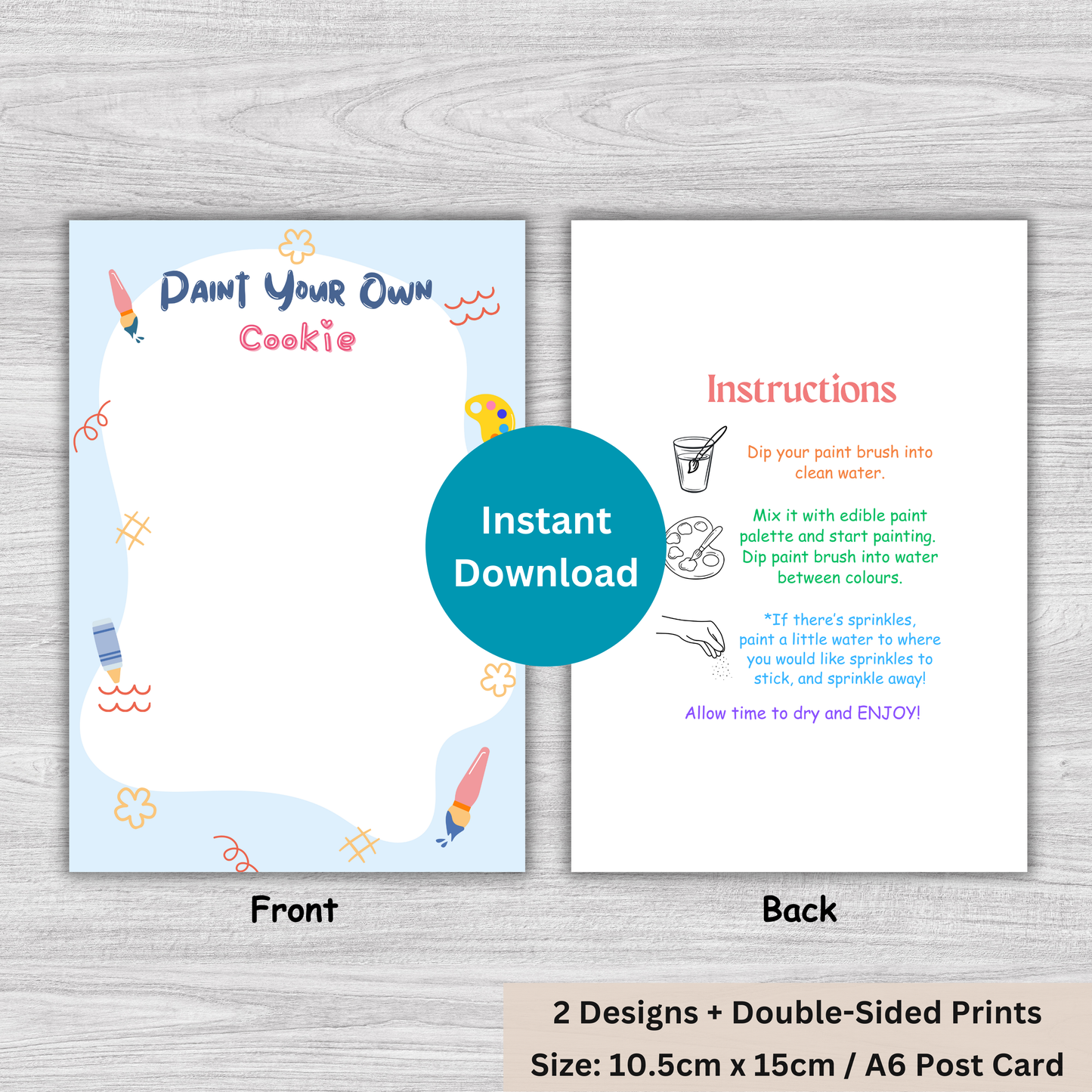 [DIGITAL] Paint Your Own - Blue and Beige - Double Sided Designs - Cookie Cards - 10.5cm x 15cm - A6/Post Card