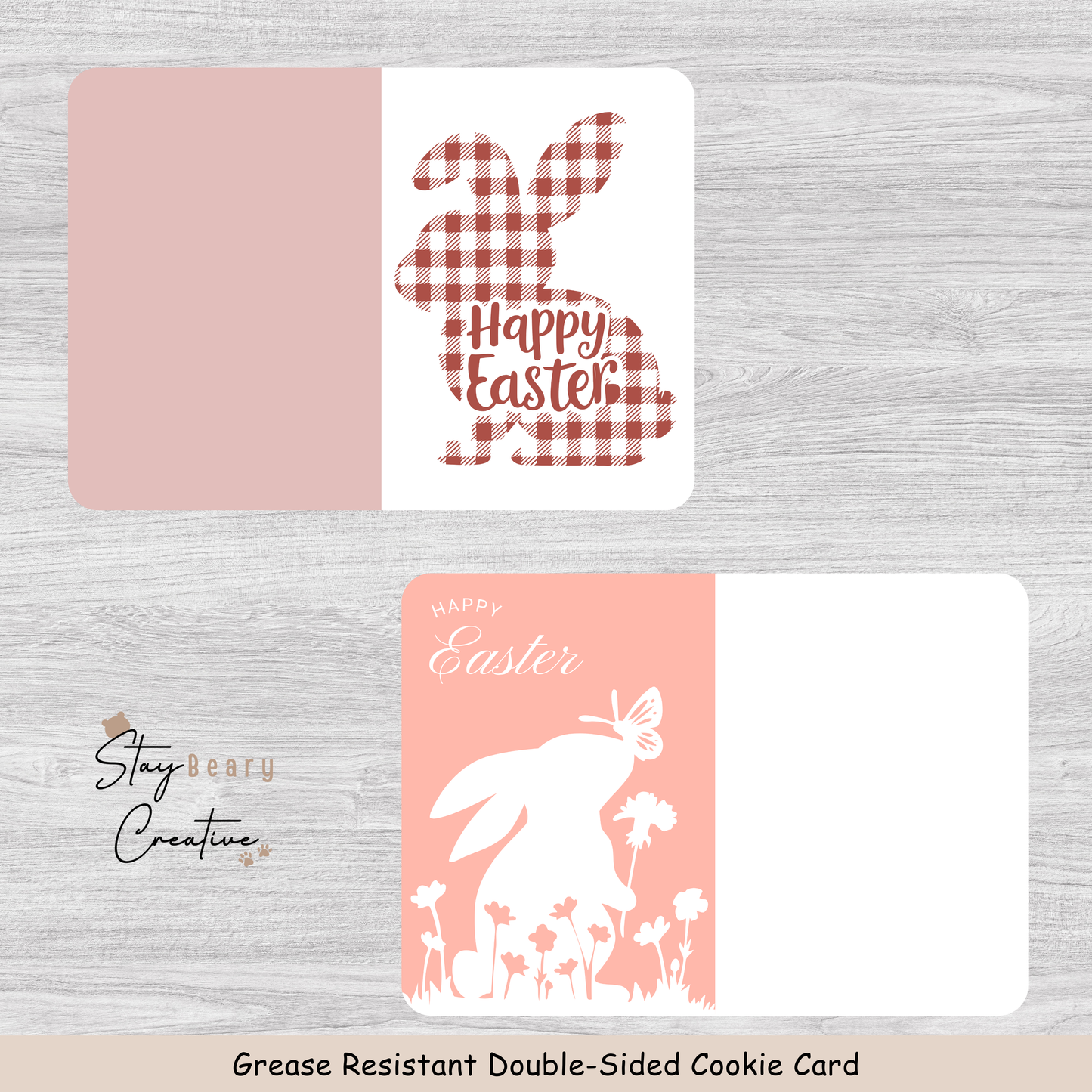 [Food Safe] Happy Easter - Plaid Pattern and Flowers - Double Sided Designs - Horizontal Cookie Cards - 25 Pack