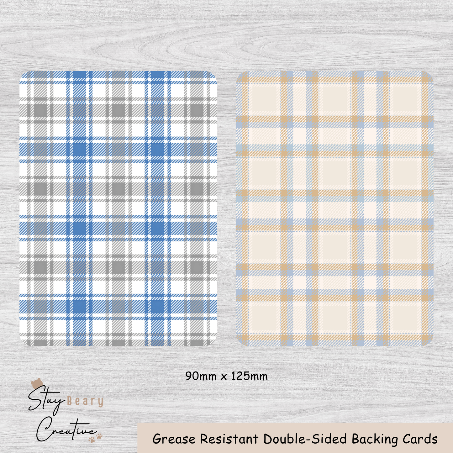 [Food Safe] Blue Grey Tartan And Blue Orange Textile - Small Backing Cards - 25 Pack