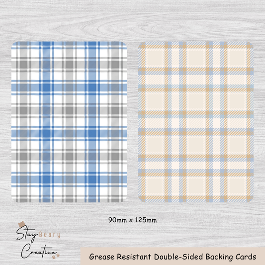[Food Safe] Blue Grey Tartan And Blue Orange Textile - Double Sided Designs - Backing Cards - 25 Pack