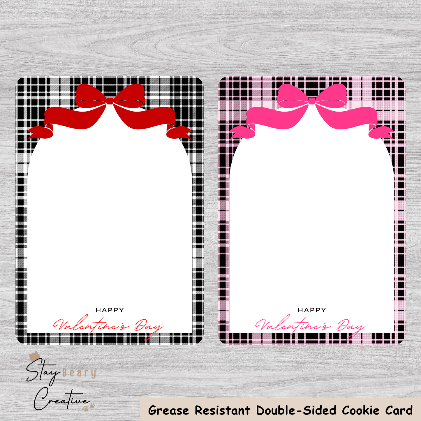 [Food Safe] Happy Valentine's Day - Black and Pink Plaid - Double Sided Designs - Vertical Cookie Cards - 25 Pack