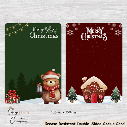 [Food Safe] Christmas Bear - Gingerbread House - Double Sided Designs - Vertical Cookie Cards - 25 Pack