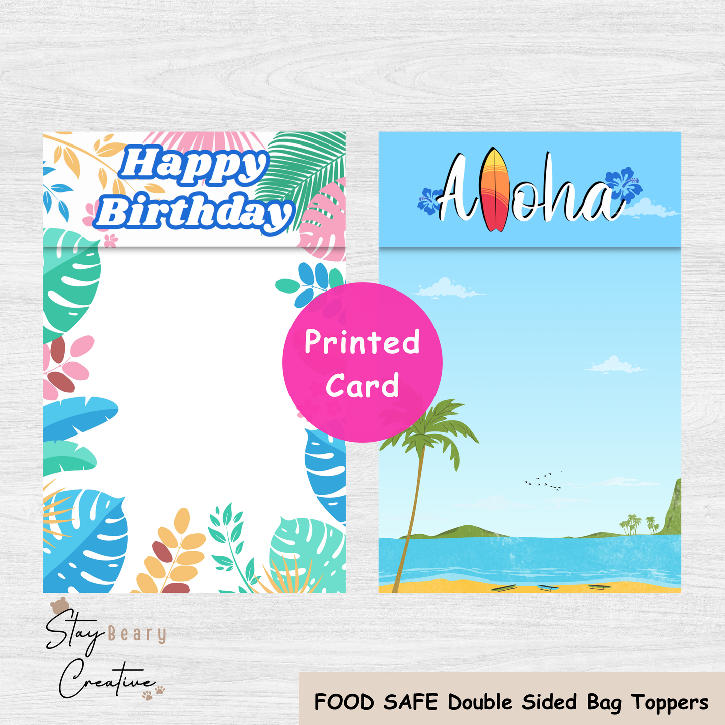 [Food Safe] Aloha - Happy Birthday - Double Sided Designs - Folded Bag Toppers - 25 Pack