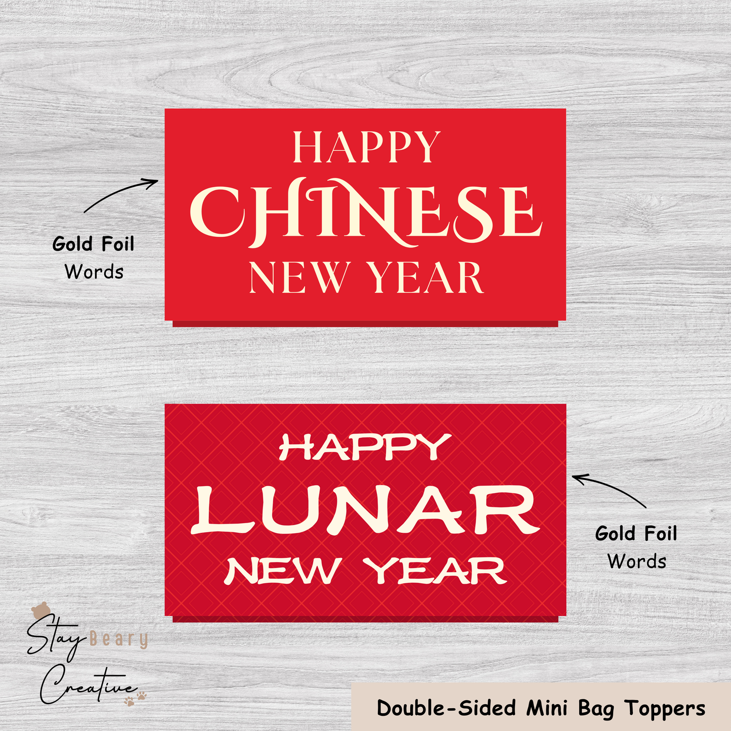 [Gold Foil] Happy Chinese New Year - Happy Lunar New Year - Double Sided Designs - Mini Bag Toppers - 25 Pack