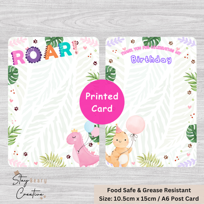 [Food Safe] Pink Dinosaur - Roar - Thank You - Double Sided Designs - Vertical Cookie Cards - 25 Pack