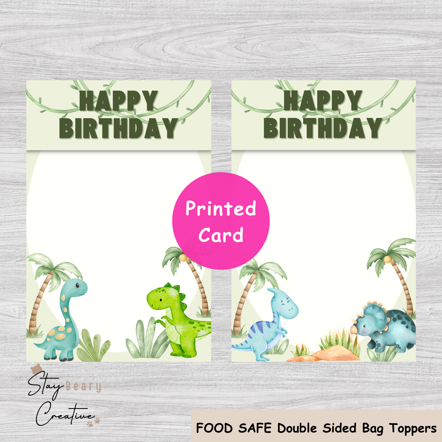 [Food Safe] Dinosaur - Happy Birthday - Double Sided Designs - Folded Bag Toppers - 25 Pack