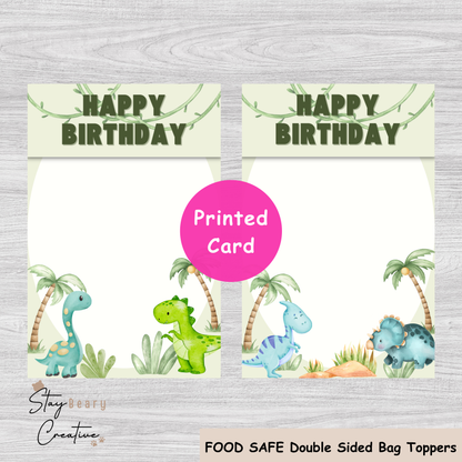 [Food Safe] Dinosaur - Happy Birthday - Double Sided Designs - Folded Bag Toppers - 25 Pack