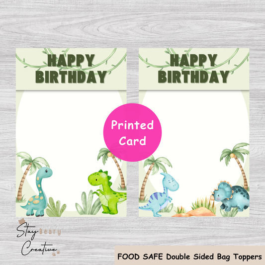 [Food Safe] Dinosaur - Happy Birthday - Double Sided Designs - Folded Bag Toppers - 25 Pack