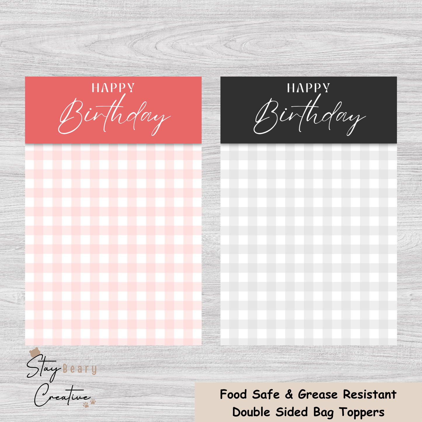 [Food Safe] Happy Birthday - Red & Black Gingham  - Double Sided Designs - Folded Bag Toppers - 25 Pack