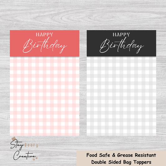 [Food Safe] Happy Birthday - Red & Black Gingham  - Double Sided Designs - Folded Bag Toppers - 25 Pack