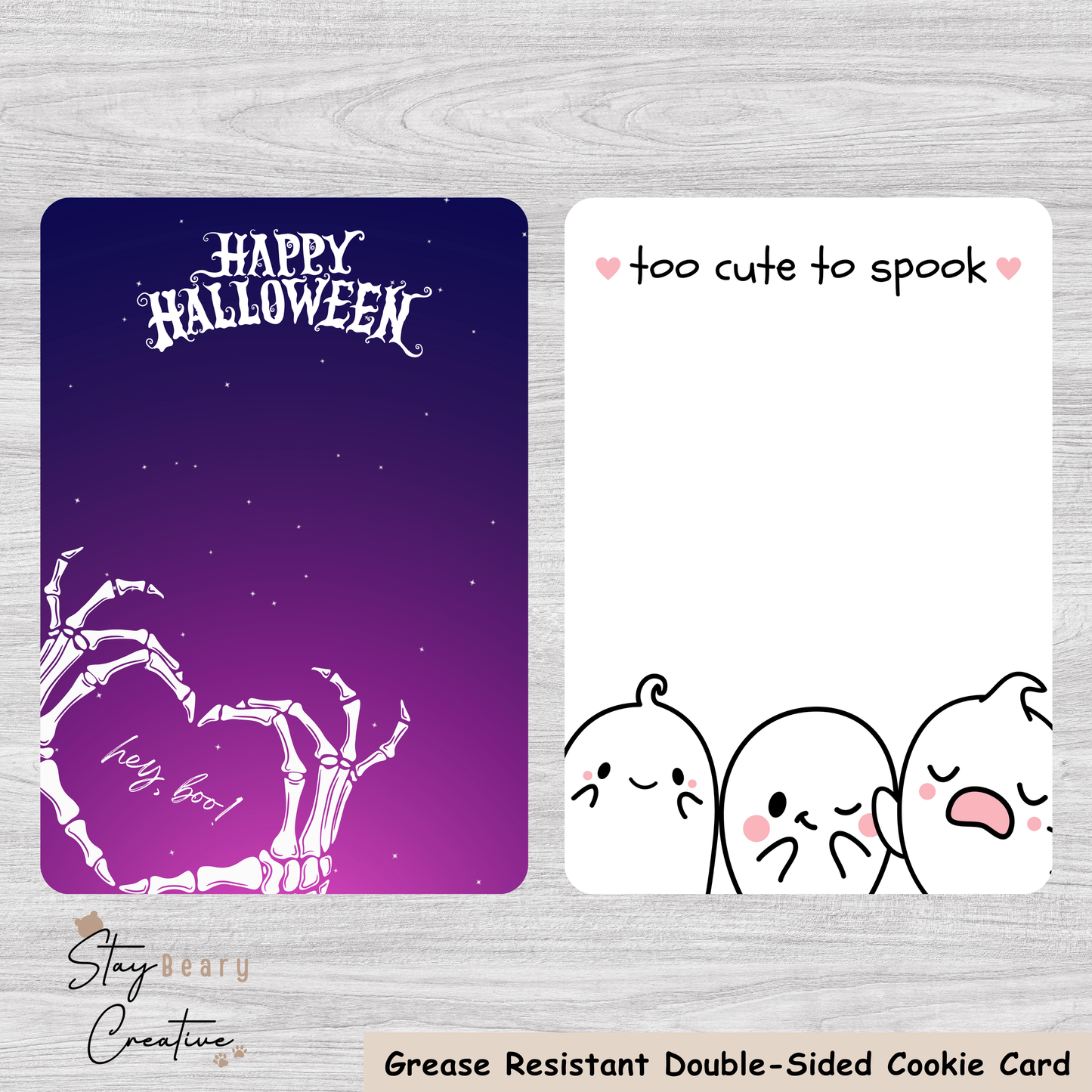 [Food Safe] Hey Boo! - Too Cute To Spook - Double Sided Designs - Vertical Cookie Cards - 25 Pack