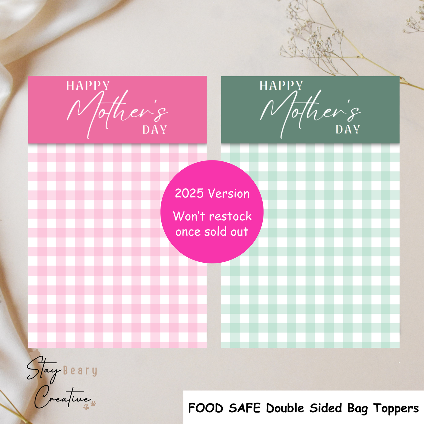 [2025 Version] Happy Mother's Day - Gingham - Double Sided Designs - Folded Bag Toppers - 25 Pack