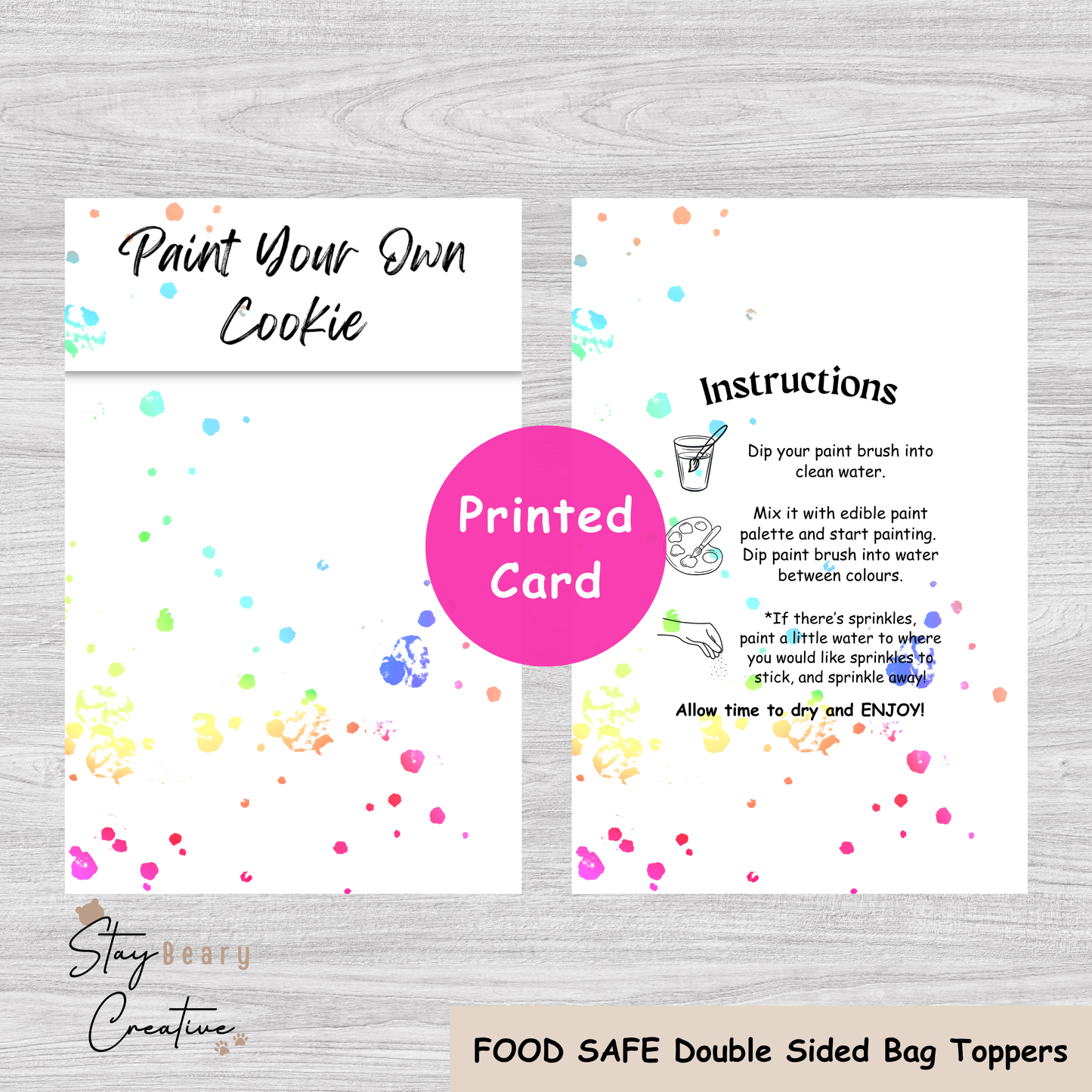 [Food Safe] Paint Your Own - Rainbow Splatter - Double Sided Designs - Folded Bag Toppers - 25 Pack