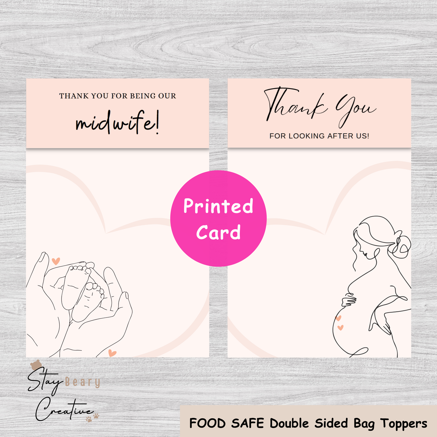 [Food Safe] Thank You - Midwife - Double Sided Designs - Folded Bag Toppers - 25 Pack