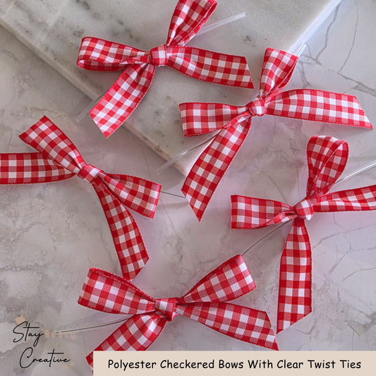 Red Polyester Checkered Bows With Clear Twist Ties - Pack of 25